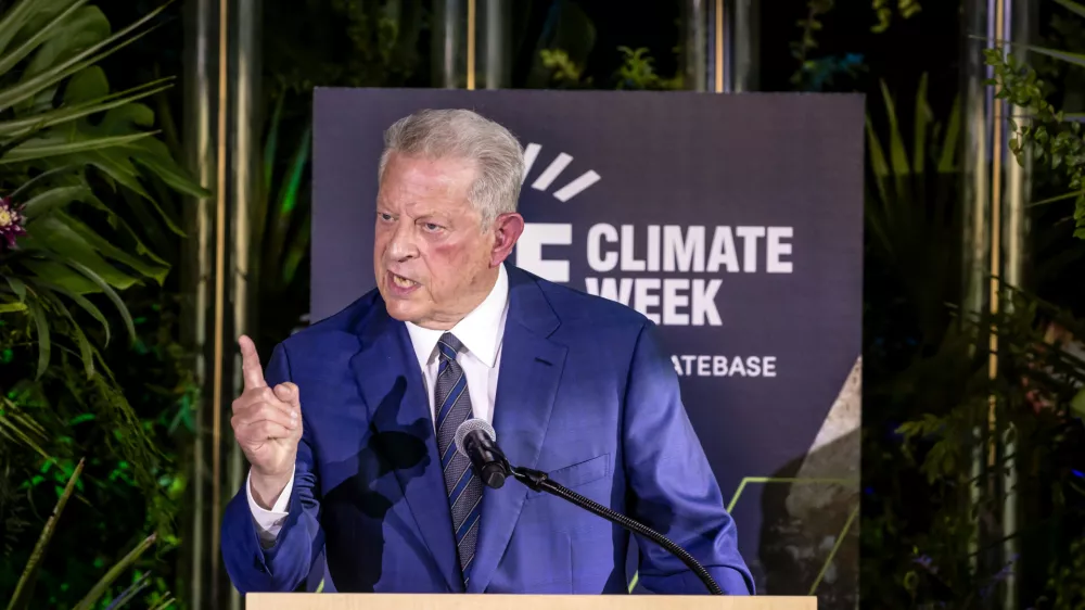 Former Vice President Al Gore speaks at the opening reception for San Francisco Climate Week at The Exploratorium in San Francisco Monday, April 21, 2025. (Carlos Avila Gonzalez/San Francisco Chronicle via AP)