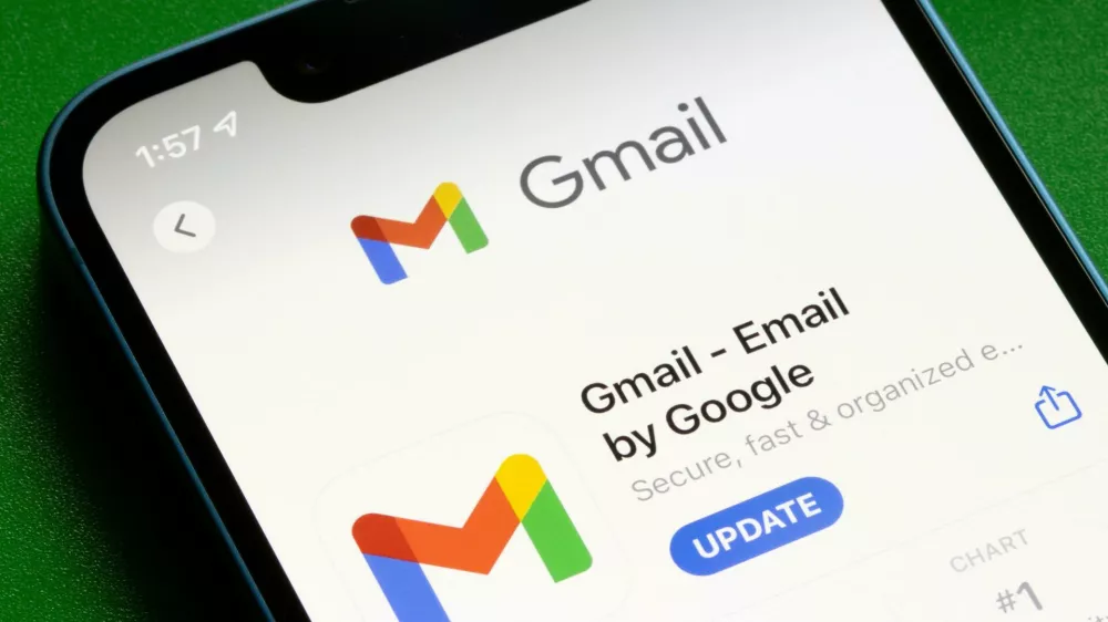 2MFX6X3 Gmail app is seen in the App Store on an iPhone. Gmail is a free email service provided by Google.