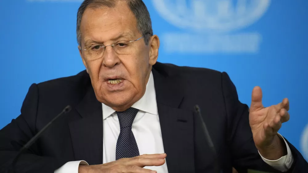 Russian Foreign Minister Sergey Lavrov speaks during his annual news conference in Moscow, Russia, on Tuesday, Jan. 14, 2025. (AP Photo/Alexander Zemlianichenko)