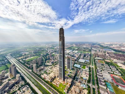 The 597-meter high Goldin Finance 117 Tower, known as the world's first unfinished building, is pictured in Tianjin, China, on August 28, 2024. The construction of Goldin Finance 117 Building in Xiqing District, Tianjin, begins in September 2008, and on September 8, 2015, Goldin Finance 117 completes the main structure. Goldin Finance 117 becomes an unfinished building, stalled by Goldin's plunging market value and poor sales. (Photo by Costfoto/NurPhoto via Getty Images)