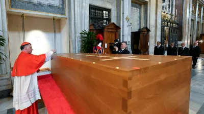A member of the clergy participates in the burial rite for Pope Francis, at the Vatican, April 26, 2025. Vatican Media/&shy;Francesco Sforza/Handout via REUTERS  ATTENTION EDITORS - THIS IMAGE WAS PROVIDED BY A THIRD PARTY.