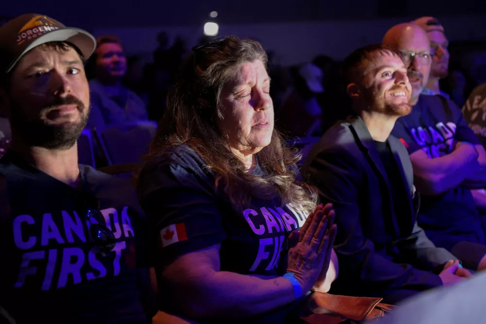 Christina Capson, supporter of Conservative Party of Canada's leader Pierre Poilievre reacts as results come in at his election night headquarters in Ottawa, Ontario, Canada April 28, 2025. REUTERS/Amber Bracken