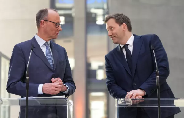 08 March 2025, Berlin: Friedrich Merz (L), Christian Democratic Union of Germany (CDU) candidate for chancellor and federal CDU chairman, and Social Democratic Party of Germany (SPD) Federal Chairman Lars Klingbeil take part in a press conference following the exploratory talks between the CDU/CSU and SPD in the Bundestag. The CDU, CSU and SPD explored the possibility of starting coalition negotiations to form a government after the Bundestag elections. Photo: Michael Kappeler/dpa