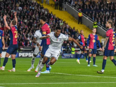 30 April 2025, Spain, Barcelona: Inter Milan's Dumfries celebrates after scoring his side's second goal during the UEFA Champions League soccer match between FC Barcelona and Inter Milan at Stadio olimpico Lluis Companys. Photo: Andrea Amato/Ipa Sport / Ipa-Age/LiveMedia-IPA/ZUMA Press Wire/dpa