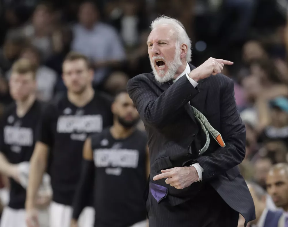 San Antonio Spurs head coach Gregg Popovich argues a call during the first half of Game 5 in a first-round NBA basketball playoff series against the Memphis Grizzlies, Tuesday, April 25, 2017, in San Antonio. (AP Photo/Eric Gay)