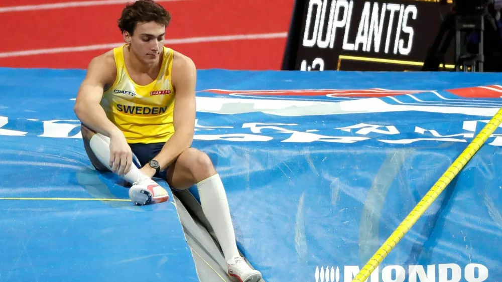2J1Y3B2 Belgrade, Serbia, 20th March 2022. Armand Duplantis of Sweden reacts during the World Athletics Indoor Championships Belgrade 2022 - Press Conference in Belgrade, Serbia. March 20, 2022. Credit: Nikola Krstic/Alamy