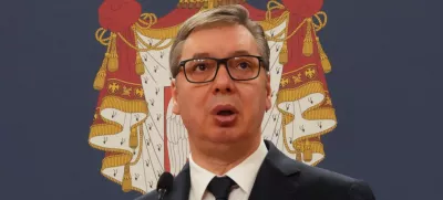 Serbian President Aleksandar Vucic speaks during a signing ceremony between Serbia and Hungary, in Belgrade, Serbia, Tuesday, April 1, 2025. (AP Photo/Darko Vojinovic)