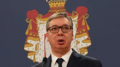 Serbian President Aleksandar Vucic speaks during a signing ceremony between Serbia and Hungary, in Belgrade, Serbia, Tuesday, April 1, 2025. (AP Photo/Darko Vojinovic)