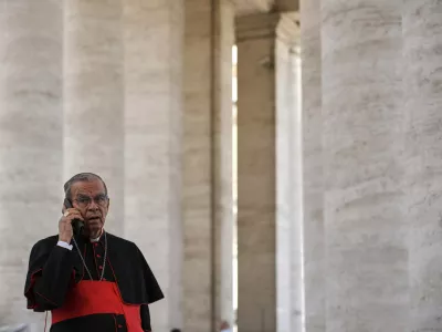 Cardinal Gregorio Rosa Chavez leaves the Vatican, Saturday, May 3, 2025, after attending a session of the General Congregation of cardinals in the New Synod Hall where they are preparing for the upcoming conclave starting on May 7, to elect the 267th Roman pontiff. (AP Photo/Andrew Medichini)