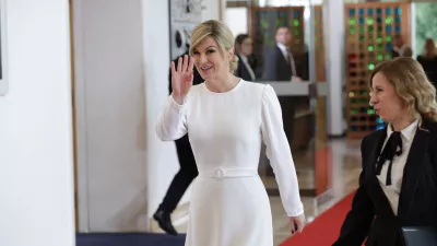 Croatia's former President Kolinda Grabar-Kitarovic?arrives at current President Zoran Milanovic's swearing-in ceremony held at the Presidential Palace in Zagreb, Croatia, February 18, 2025. Lana Slivar Dominic/Pool via REUTERS