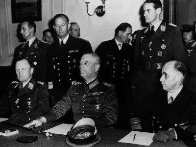 1709216 The leaders of the three armies during signature of the German capitulation: l-r: General Hans Juergen Stumpff, Luftwaffe commander-in-chief, marshal Wilhelm Keitel, Wehrmacht chief of Staff, General admiral Hans Georg Von Friedebourg Kriegsmarine commander-in-chief on May 8, 1945 in marshal Joukov headquarter in Berlin, photo NARA; (add.info.: The leaders of the three armies during signature of the german capitulation: l-r: general Hans Juergen Stumpff, Luftwaffe commander-in-chief, marshal Wilhelm Keitel, Wehrmacht chief of Staff, general admiral Hans Georg Von Friedebourg Kriegsmarine commander-in-chief on may 8, 1945 in marshal Joukov headquarter in Berlin, photo NARA). Content within this photograph may require additional clearances (eg: trademark and personality rights) depending on Licensee's specific use of material, which may include book and magazine cover use. No Use Germany. No Use Italy.