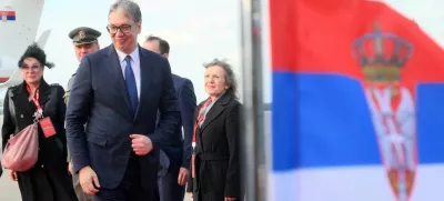 Serbian President Aleksandar Vucic takes part in a welcoming ceremony upon his arrival at an airport in Moscow, Russia, May 7, 2025. Ilya Pitalyov/Host agency Ria Novosti/Handout via REUTERS ATTENTION EDITORS - THIS IMAGE WAS PROVIDED BY A THIRD PARTY.