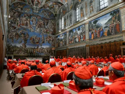Cardinals pray in the Sistine Chapel, ahead of the conclave to elect the next pope at the Vatican, May 7, 2025. Vatican Media/Handout via REUTERS  THIS IMAGE HAS BEEN SUPPLIED BY A THIRD PARTY