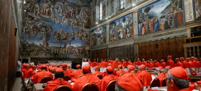 Cardinals pray in the Sistine Chapel, ahead of the conclave to elect the next pope at the Vatican, May 7, 2025. Vatican Media/Handout via REUTERS  THIS IMAGE HAS BEEN SUPPLIED BY A THIRD PARTY