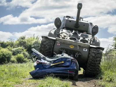 To mark VE Day a 98 year-old who served in the British army in World War Two has destroyed a Tesla with a Sherman tank. Photo released May 7 2025. Before obliterating the car, former Royal Engineer Ken Turner declared: "We crushed fascism before and we'll crush it again." The car was donated by a Tesla owner who is appalled by the support the company's owner Elon Musk has given to the far-right in Europe. Musk has backed the AfD in Germany and gave a Nazi salute at a Trump rally. Speaking from inside the Sherman - which also served in the war, fighting Nazis in Normandy - Ken said: "I'm old enough to have seen fascism the first time around, now it's coming back. Elon Musk, the richest man in the world, is using his immense power to support the far-right in Europe and his money comes from Tesla cars. Well I've got this message for Mr Musk. We've crushed fascism before and we'll crush it again. Let's go!",Image: 996343668, License: Rights-managed, Restrictions: Editorial use, commercial use may require additional licenses. We don't use AI to make images which could be mistaken for news photos. AI use will be clearly indicated. Supplied on condition you ensure personal data is processed in compliance with UK GDPR, Model Release: noFptp: Profimedia
