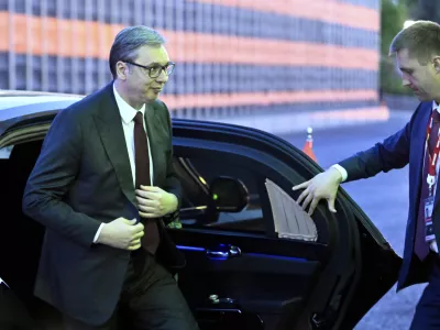 Serbia's President Aleksandar Vucic arrives at the Kremlin for a meeting with Russian President Vladimir Putin, in Moscow, Russia, Friday, May 9, 2025, during celebrations of the 80th anniversary of the Soviet Union's victory over Nazi Germany during the World War II. (Alexander Nemenov/Pool Photo via AP)