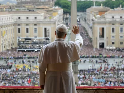 Pope Leo XIV leads a Regina Caeli prayer from the central balcony (Loggia delle Benedizioni) of St. Peter's Basilica, at the Vatican, May 11, 2025. Vatican Media/&shy;Francesco Sforza/Handout via REUTERS  ATTENTION EDITORS - THIS IMAGE WAS PROVIDED BY A THIRD PARTY.