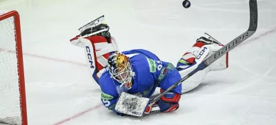 Slovenia's goalkeeper Matija Pintaric in action, during the IIHF Ice Hockey World Championship group A match between Slovakia and Slovenia, at Avicii Arena in Stockholm, Sweden, Sunday, May 11, 2025. (Fredrik Sandberg/TT News Agency via AP)