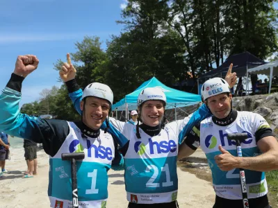 Luka Božič Žiga Lin Hočevar in Benjamin Sav&scaron;ek19.05.2024 - Evropsko prvenstvo Kajak Kanu na divjih vodah Tacen 2024 - FOTO: Luka Cjuha