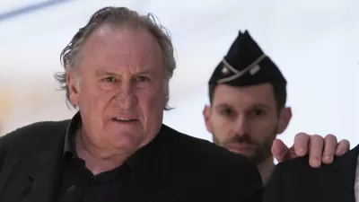 FILE - Actor Gerard Depardieu arrives to face trial for the alleged sexual assaults of two women on a film set in 2021, on March 24, 2025 in Paris. (AP Photo/Aurelien Morissard, File)