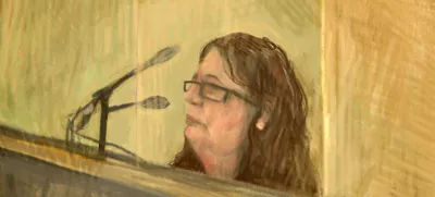 In this courtroom sketch, Erin Patterson appears in Latrobe Valley Magistrates Court, Victoria, Nov. 3, 2023. Patterson, accused of serving her ex-husband's parents and an aunt poisonous mushrooms with lunch, has pleaded not guilty in an Australian court, Tuesday, May 7, 2024, on three counts of murder and five of attempted murder. (Anita Lester/AAP Image via AP)