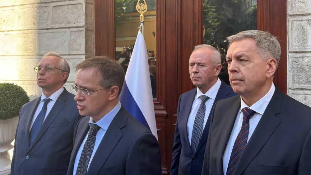 Russia's Deputy Foreign Minister Mikhail Galuzin, presidential adviser Vladimir Medinsky, Deputy Defence Minister Alexander Fomin and Chief of the Main Directorate of the General Staff of the Russian Armed Forces Igor Kostyukov, who are members of the delegation for peace talks with Ukraine, meet with journalists in Istanbul, Turkey, May 15, 2025. REUTERS/Vladimir Soldatkin