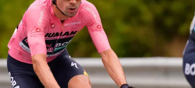 Slovenia's Primoz Roglic pedals during the third stage of the Giro d'Italia cycling race, from Vlore to Vlore, Albania, Sunday, May 11, 2025. (Fabio Ferrari/LaPresse via AP)