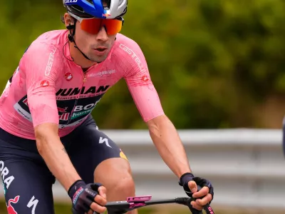 Slovenia's Primoz Roglic pedals during the third stage of the Giro d'Italia cycling race, from Vlore to Vlore, Albania, Sunday, May 11, 2025. (Fabio Ferrari/LaPresse via AP)