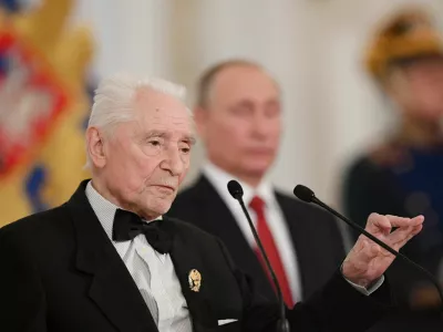 FILE PHOTO: Russian choreographer Yuri Grigorovich speaks during the State Prize awards ceremony marking the Day of Russia at the Kremlin in Moscow, Russia June 12, 2017. REUTERS/Natalia Kolesnikova/Pool/File Photo