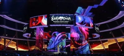 A general view of the stage of the 2009 Eurovision Song Contest at the Olympic Stadium, where the contest will be held, in Moscow, Russia, Monday, May 11, 2009.(AP Photo/Sergey Ponomarev)