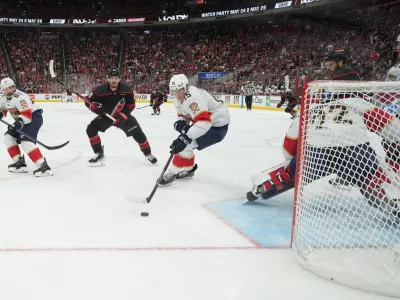 May 20, 2025; Raleigh, North Carolina, USA; Florida Panthers forward Anton Lundell (15) defends against Carolina Hurricanes during the second period in game one of the Eastern Conference Final of the 2025 Stanley Cup Playoffs at Lenovo Center. Mandatory Credit: James Guillory-Imagn Images
