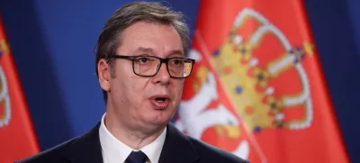 FILE PHOTO: Serbian President Aleksandar Vucic gives a statement next to Hungarian Prime Minister Viktor Orban (not pictured) after the countries' bilateral committee for strategic cooperation meeting in Budapest, Hungary, November 14, 2024. REUTERS/Bernadett Szabo/File Photo