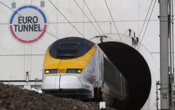 A high-speed Eurostar train exits the Channel tunnel in Coquelles, near Calais, May 5, 2014. Eurotunnel prepares to celebrate the 20th anniversary of the inauguration of the Channel Tunnel. The Channel Tunnel or Euro Tunnel took six years to construct and was opened in 1994. REUTERS/Christian Hartmann (FRANCE - Tags: POLITICS TRANSPORT BUSINESS)