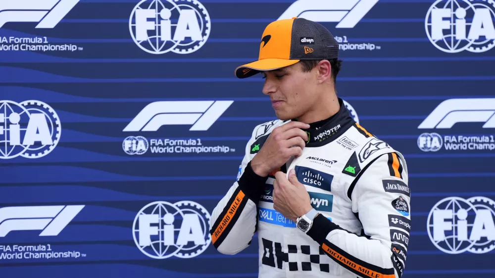 McLaren driver Lando Norris of Britain reacts after the qualifying session ahead of the Formula One Monaco Grand Prix race at the Monaco racetrack in Monaco, Saturday, May 24, 2025. (AP Photo/Manu Fernandez)