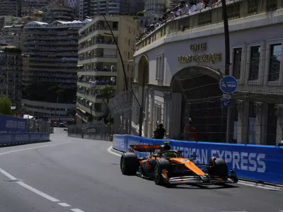 McLaren driver Lando Norris of Britain steers his car during the Formula One Monaco Grand Prix race at the Monaco racetrack in Monaco, Sunday, May 25, 2025. (AP Photo/Manu Fernandez)