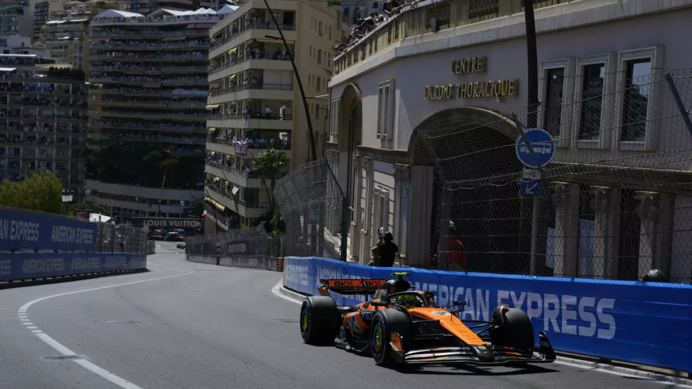 McLaren driver Lando Norris of Britain steers his car during the Formula One Monaco Grand Prix race at the Monaco racetrack in Monaco, Sunday, May 25, 2025. (AP Photo/Manu Fernandez)