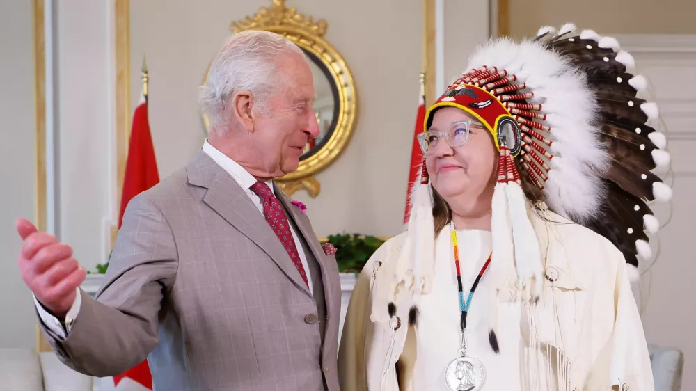 Britain's King Charles meets with National Chief of the Assembly of First Nations Cindy Woodhouse Nepinak as he visits the Rideau Hall residence during a two-day visit in Ottawa, Ontario, Canada May 26, 2025. REUTERS/Blair Gable/Pool