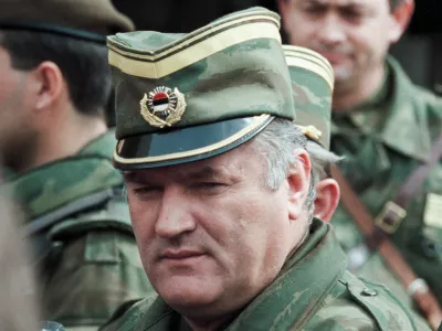 Bosnian Serb General Ratko Mladic leaves a meeting at the airport in Sarajevo, Bosnia and Herzegovina April 13, 1993. Picture taken April 13, 1993. REUTERS/Chris Helgren