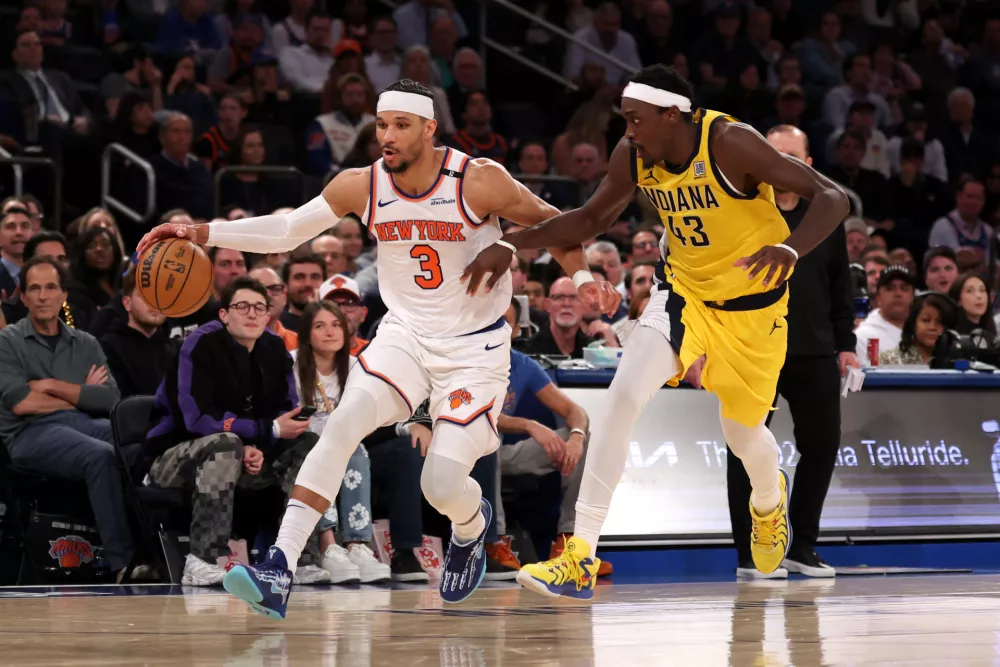 May 29, 2025; New York, New York, USA; New York Knicks guard Josh Hart (3) controls the ball against Indiana Pacers forward Pascal Siakam (43) in the fourth quarter during game five of the eastern conference finals for the 2025 NBA Playoffs at Madison Square Garden. Mandatory Credit: Vincent Carchietta-Imagn Images