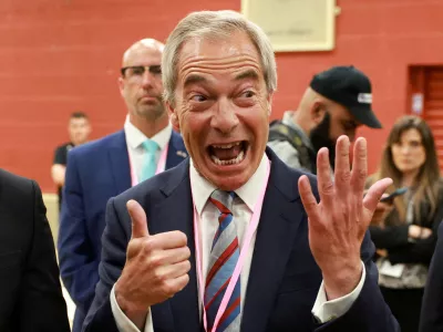 FILE PHOTO: Reform party leader Nigel Farage reacts as the party wins the Runcorn and Helsby by-election, at Halton Stadium in Widnes, Britain, May 2, 2025. REUTERS/Phil Noble/File Photo
