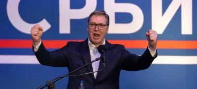 Serbia's President Aleksandar Vucic speaks during a rally to promote the newly formed "The Movement for the People and the State," and to express opposition to months of student protests, in Nis, Serbia, May 17, 2025. REUTERS/Marko Djurica