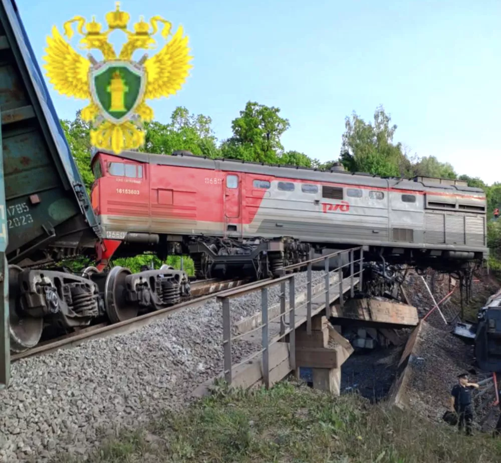 This photo released by Moscow Interregional Transport Prosecutor's Office telegram channel on Sunday, June 1, 2025, a view of a damaged bridge after the crash of a freight train in Russia's Kursk region, which borders Ukraine. (Moscow Interregional Transport Prosecutor's Office telegram channel via AP)