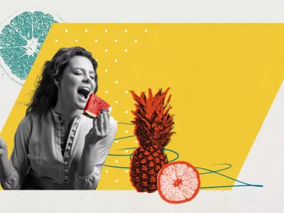 Poster. Medieval person eating fresh fruits and drinking alcohol drink against vibrant abstract background. Textured effect. Concept of food and drinks, delivery service. Trendy magazine style. Ad / Foto: Anton Vierietin