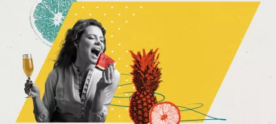 Poster. Medieval person eating fresh fruits and drinking alcohol drink against vibrant abstract background. Textured effect. Concept of food and drinks, delivery service. Trendy magazine style. Ad / Foto: Anton Vierietin