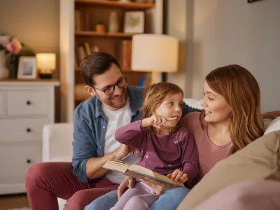 Family with little daughter reading book on sofa in living room
