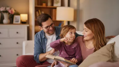 Family with little daughter reading book on sofa in living room