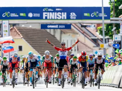 Dylan Groenewegen (Team Jayco AlUla / NED) celebrates victory during Stage 3 of 31st Tour of Slovenia 2025 cycling race from Majsperk to Ormoz (172 km), on June 6, 2025 in Slovenia. Photo by Matic Klansek Velej / Sportida