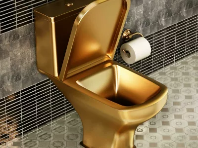 2D6YWG5 Golden toilet in luxury bathroom. 3D illustration.zlata &scaron;koljka