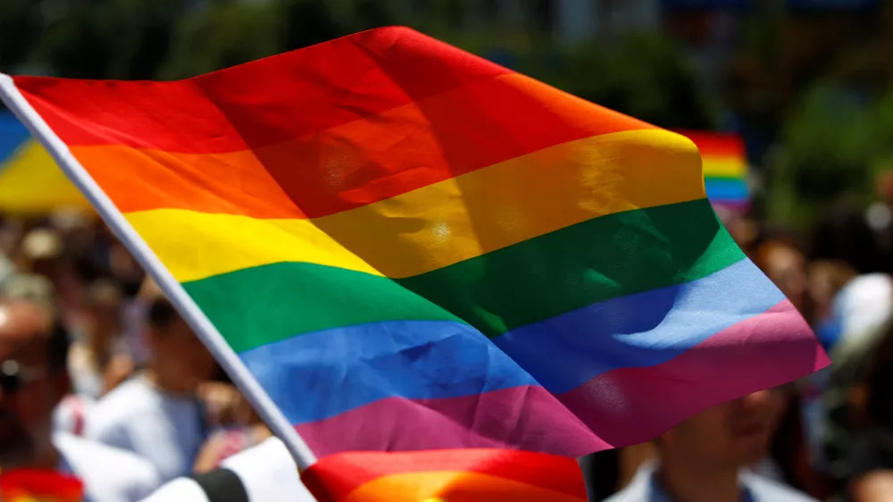 FILE PHOTO: The rainbow flag, commonly known as the gay pride flag or LGBT pride flag, is seen during the first Gay Pride parade in Skopje, North Macedonia June 29, 2019. REUTERS/Ognen Teofilovski