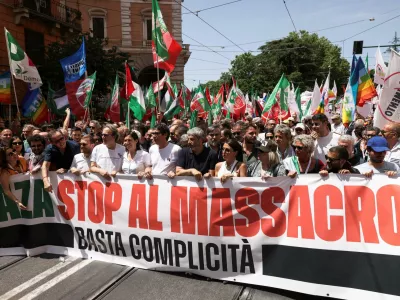 Angelo Bonelli, a member of the Green and Left Alliance (Avs); Elly Schlein, Secretary of the Italian Democratic Party; Nicola Fratoianni, a member of the Green and Left Alliance (Avs), attend a pro-Palestinian demonstration calling for an end to the bombing in Gaza, in Rome, Italy, June 7, 2025. REUTERS/Matteo Minnella